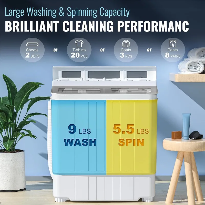 14.5 lb Mini Compact Washer Combo, Portable Washer with Spin Dryer, Compact Double Tub Washer, Gray