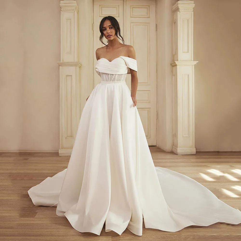 SoDigne White Beading Satin Wedding Dresses With Pockets A Line 2025 Off The Shoulder Wedding Party Gown new Corset Bridal Gown Brides