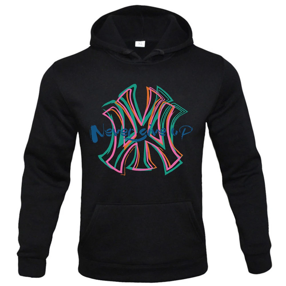 'Never give up' letter print new 2023 men's casual loose hoodie pocket new drawstring 2025 hoodie men's fleece hoodie pullover