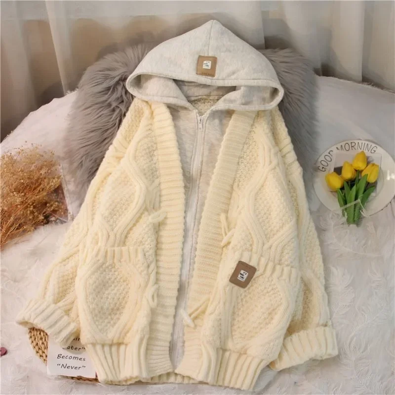Fake Two-Piece Twist Hooded Sweater Coat Women Autumn And Winter New Y2K Plus Size Loose Long Knit Cardigan in Lazy Wind