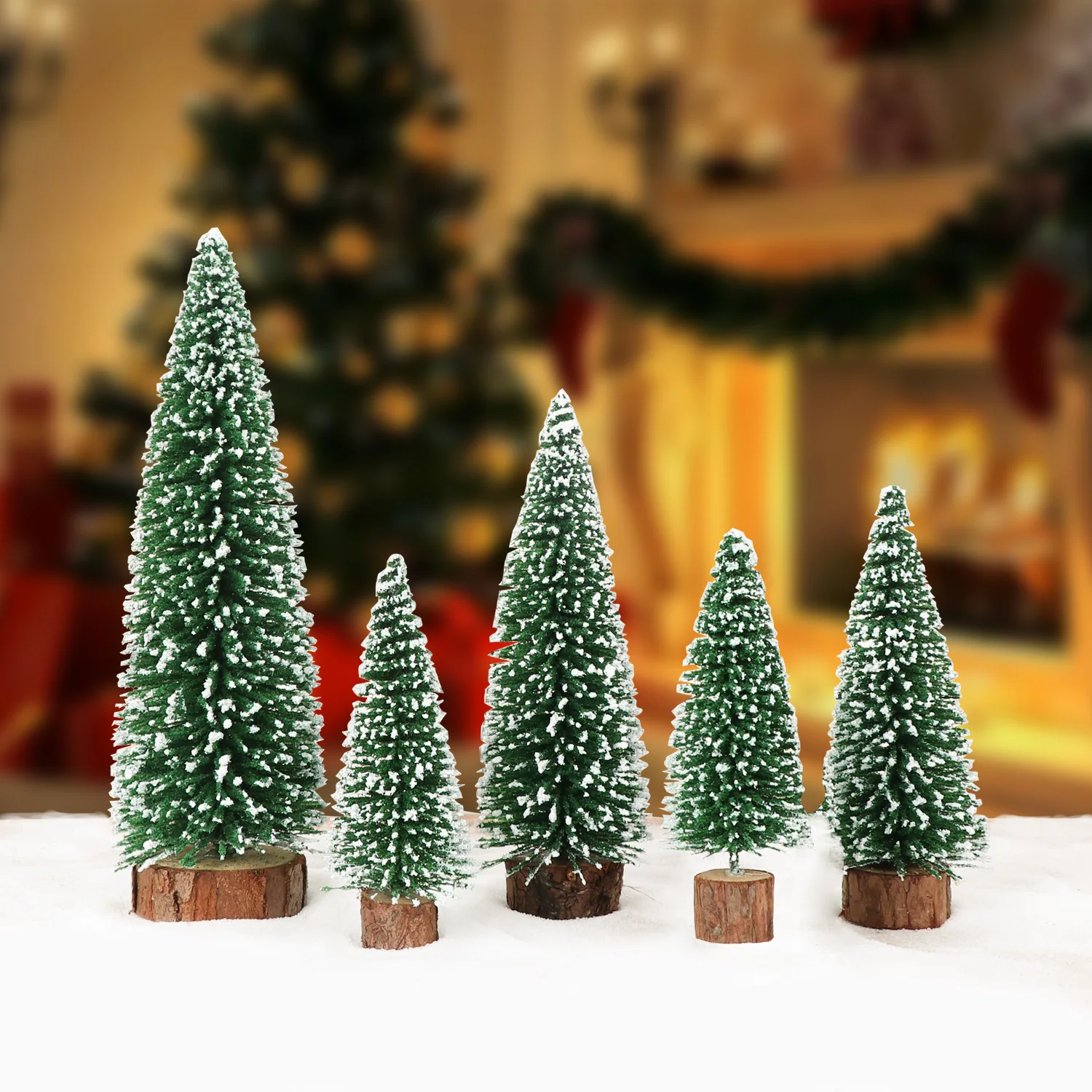 5Pcs Mini Christmas Trees Flocked Bottle Brush Christmas Trees with Wooden Bases Christmas Trees for Tabletop Christmas Decor