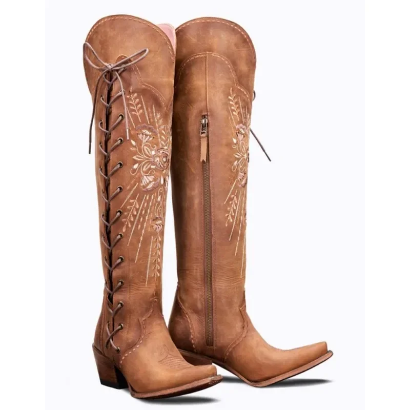 Plus Size 46 Women's Embroidered Western Knee High Boots Cowboy Cowgirl Boots Chunky Heel Platform Boots Women Western Shoes