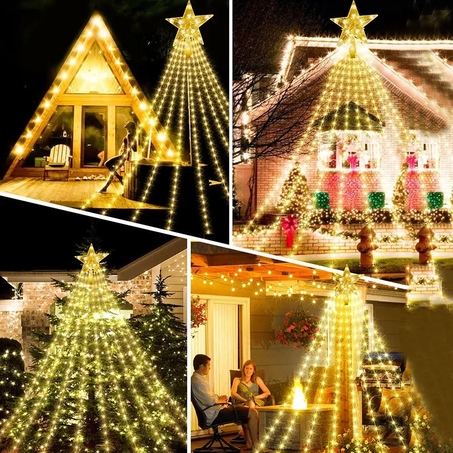 Outdoor Lights 9X3M Tree Christmas Star String Lights 288 LED Waterfall Curtain Lights Topper Star Fairy String Light smile