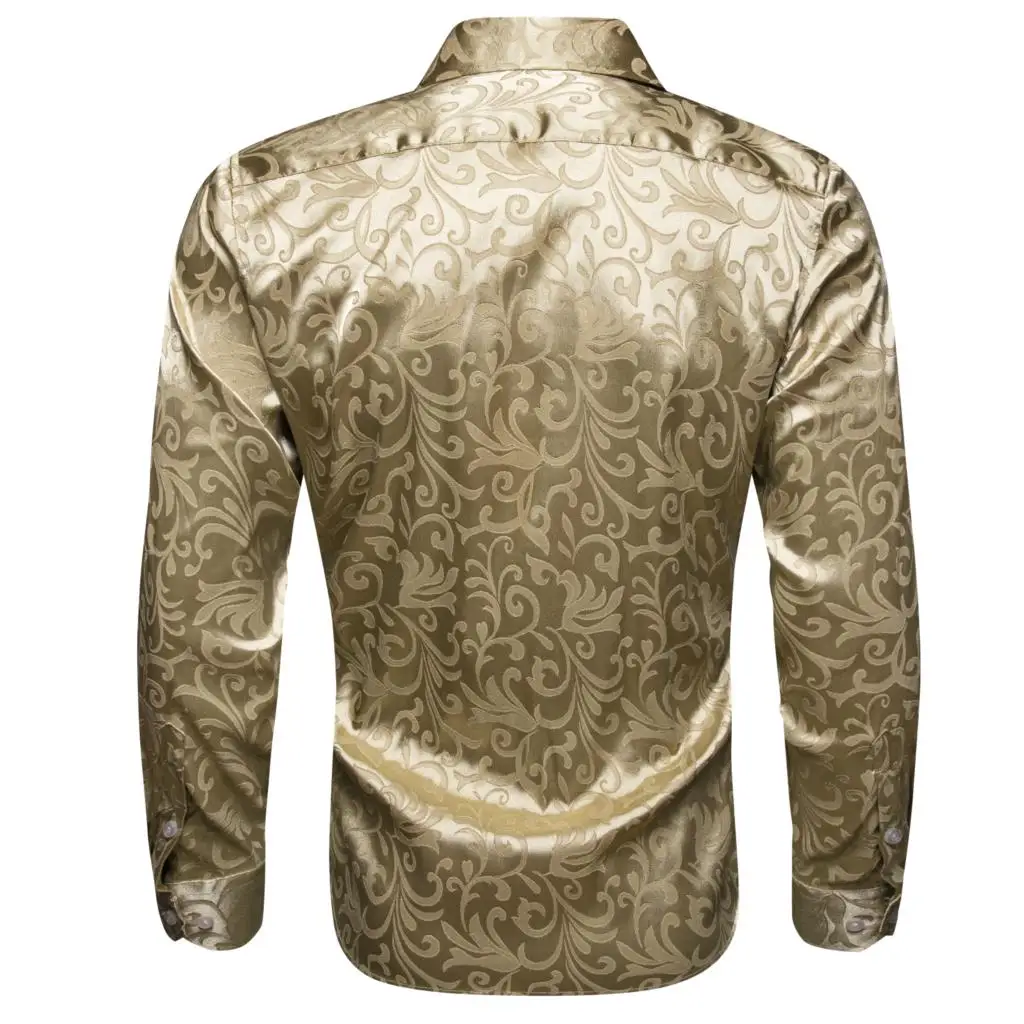 Shirts for Men Silk Brown Khaki Floral Long Sleeve Slim Fit Male Blouese Casual Tops Formal Breathable Barry Wang