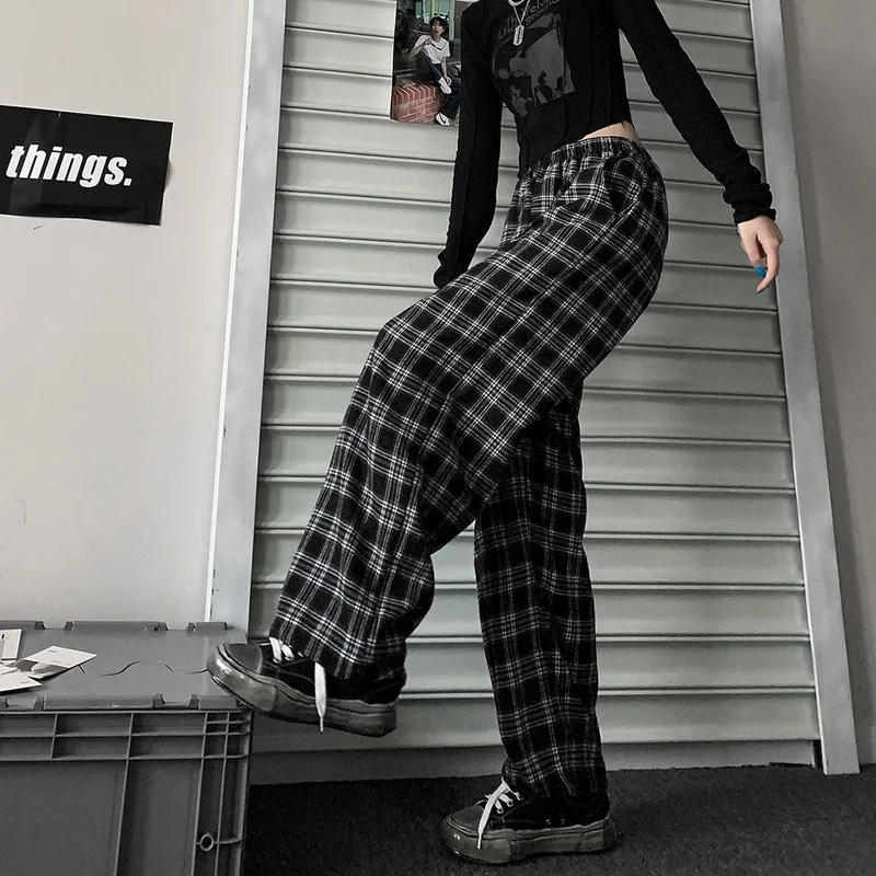Harajuku High Waisted Plaid Pants Women Korean Style Oversized Wide Checkered Trousers For Female Drawstring Sweatpants