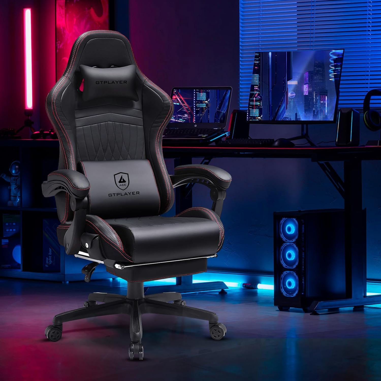 GTPLAYER Chair Computer Gaming Chair (Leather, Red)