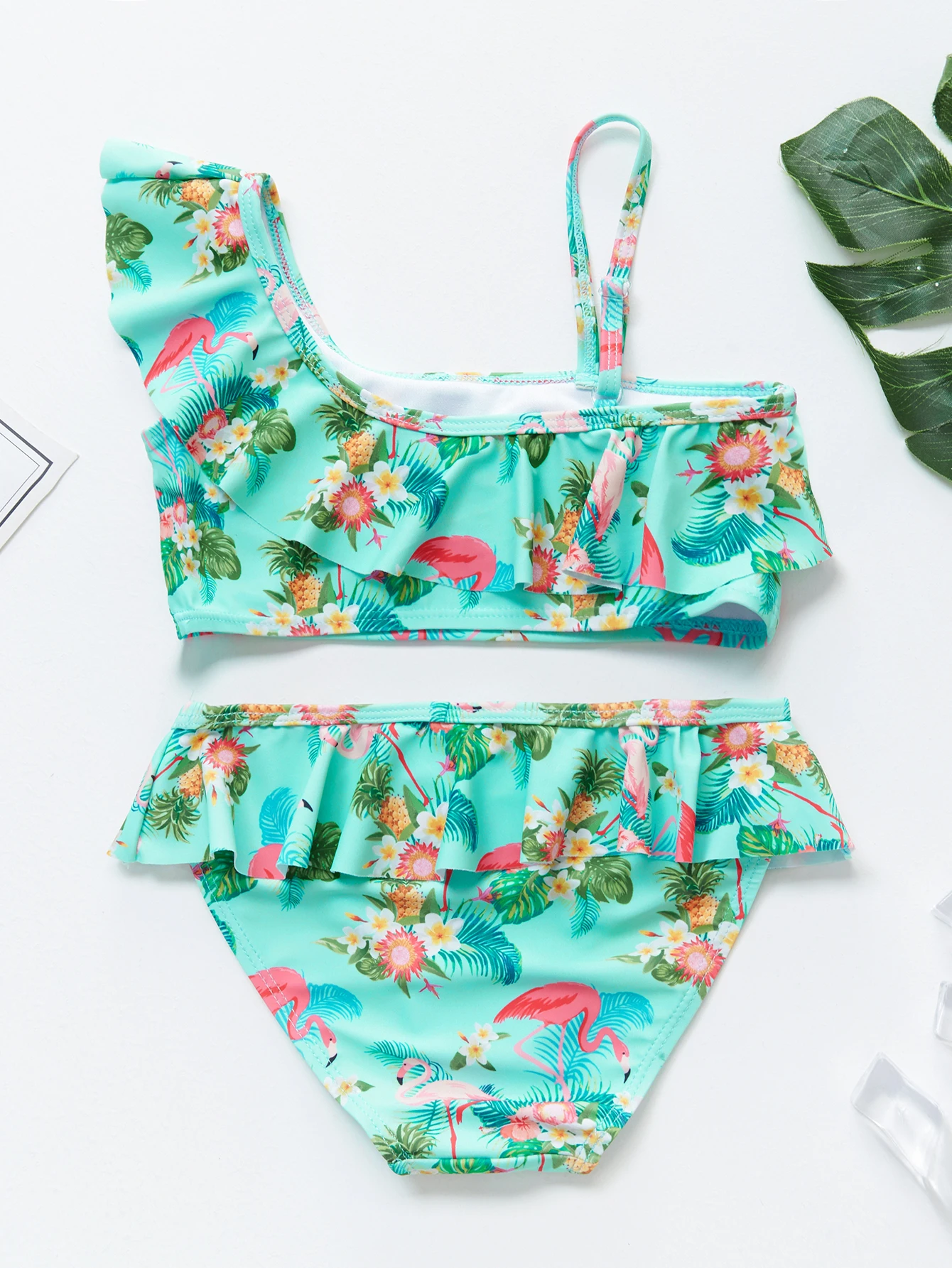 Girl's Bikini Swimsuit One-Shoulder Design Lovely Flamingo Unicorn Summer Bathing Suits