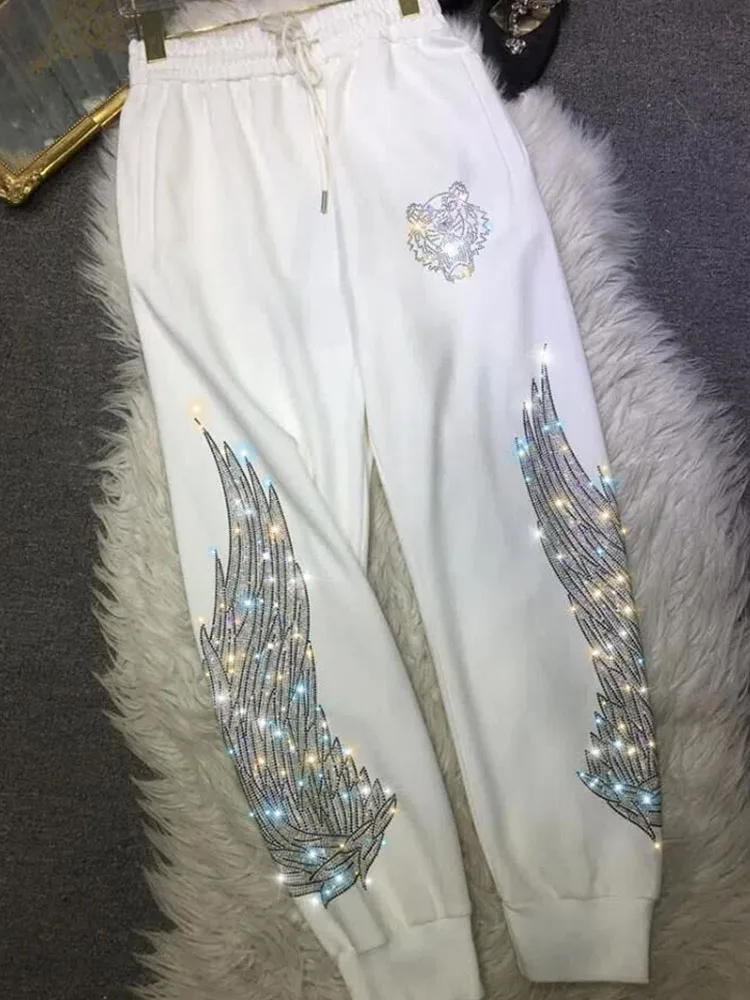 2025 Women Sweatpants Blingbling Wings Rhinestone Elastic High Waist Sports new Pants Autumn Spring Black Long Trousers
