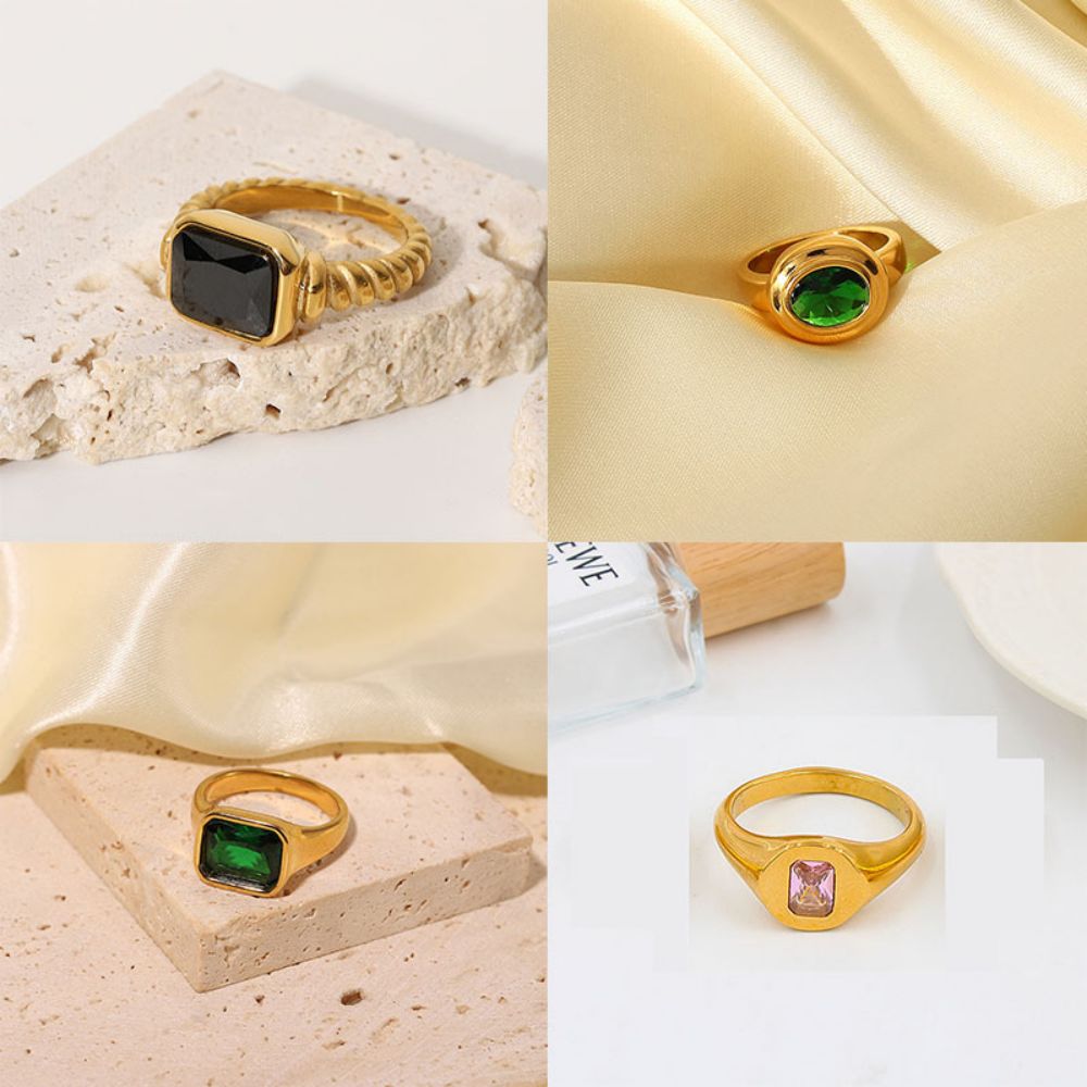 Emerald Ring for Woman Zirconia Signet Gemstone Green Stone Vintage Square Gift Gold Color Rings Jewelry Wholesale Dropshipping