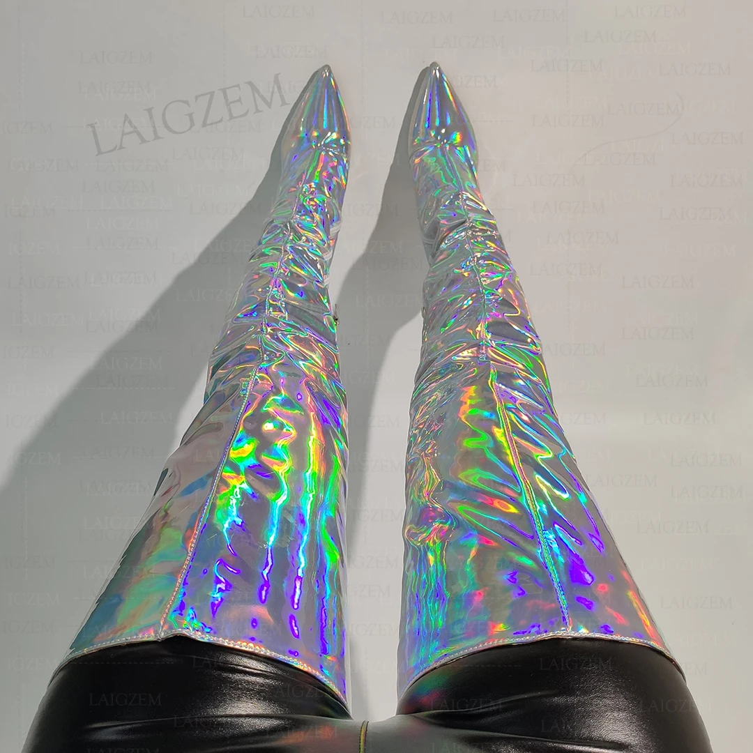 LAIGZEM Women Thigh High Boots Holographic Side Zip Thin High Heels Over Knee Boots Party Ladies Shoes Woman Big Size 43 45 47