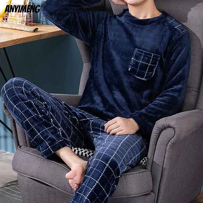 Winter Mens Pajamas Sets Soft Velvet Thermal Sleepwear 2 Pieces Set Flannel Pijamas for Men Casual Long Sleeves Fluffy Homesuits
