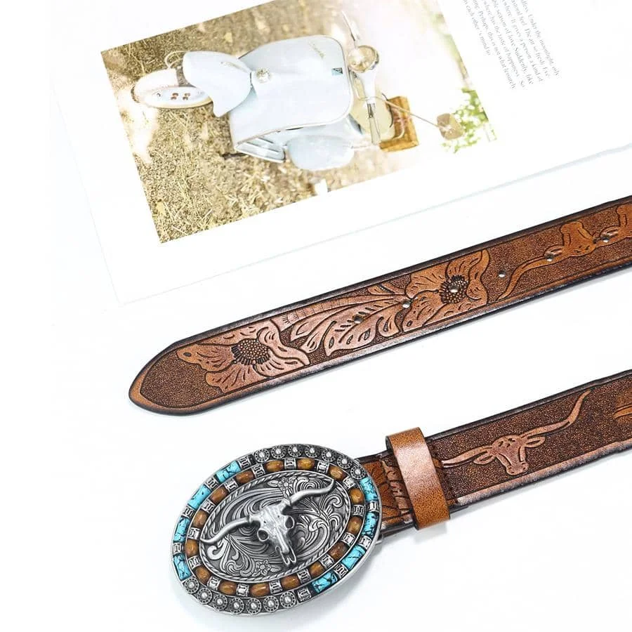 Men's Western Style Leather Belt With Vintage Bull Head Buckle, Suitable For Daily Wear