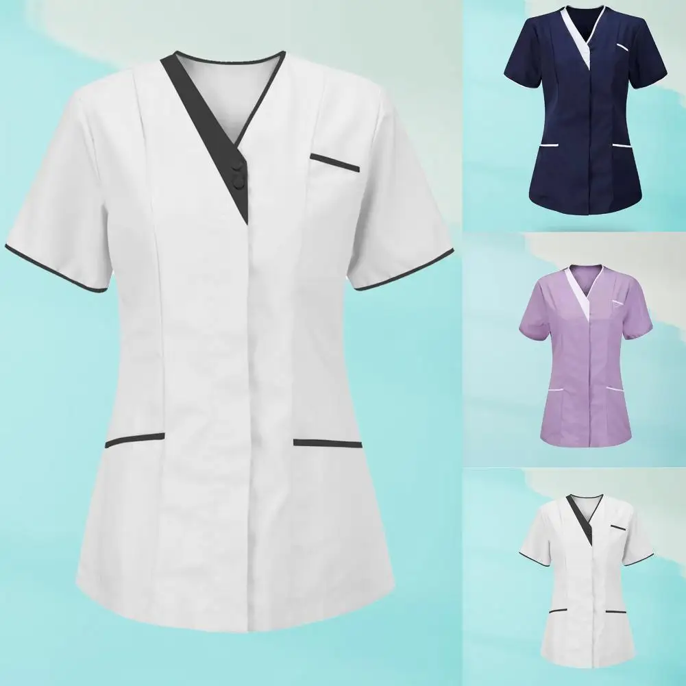 Blouse Casual new 2025 V Neck Buttons Working Uniform T-shirt Clothes T-shirt Short Sleeve Pockets Working Uniform for Worker