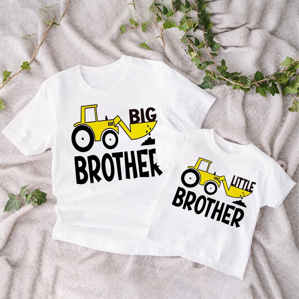 Big Brother Little Brother Family Matching Clothes Engineering Truck Print Boys T-shirt Kids Short Sleeve T Shirt Sibling Outfit
