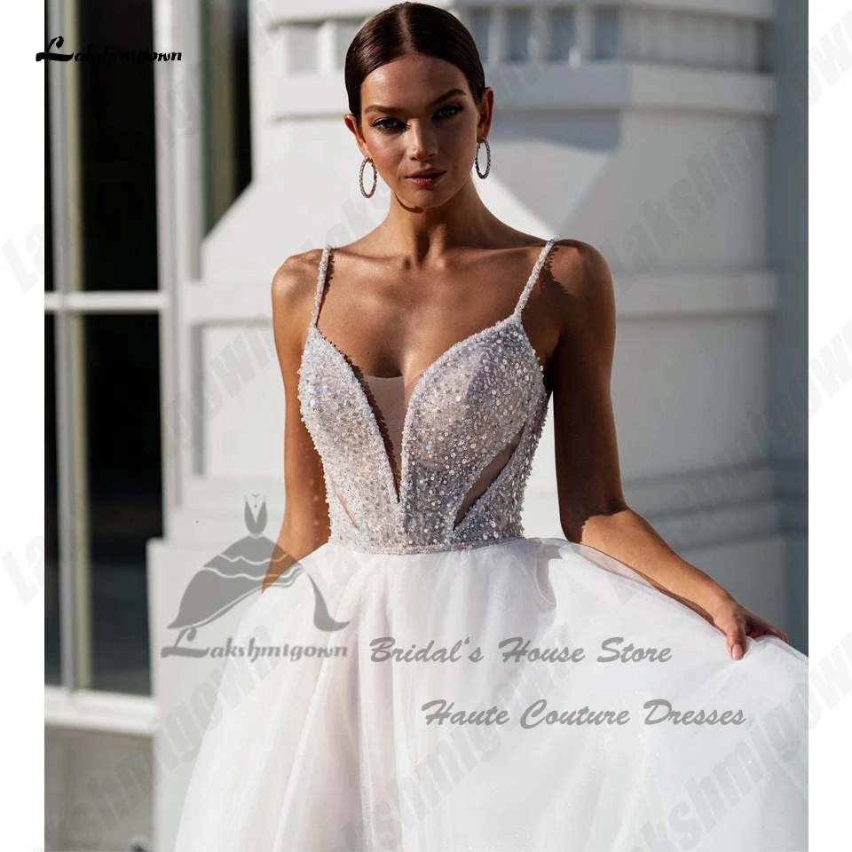 Lakshmigown Champagne Beading Beach Wedding new Dresses 2024 New Mariage V Neck Sexy A Line Bridal Gowns 2025 Spaghetti Straps