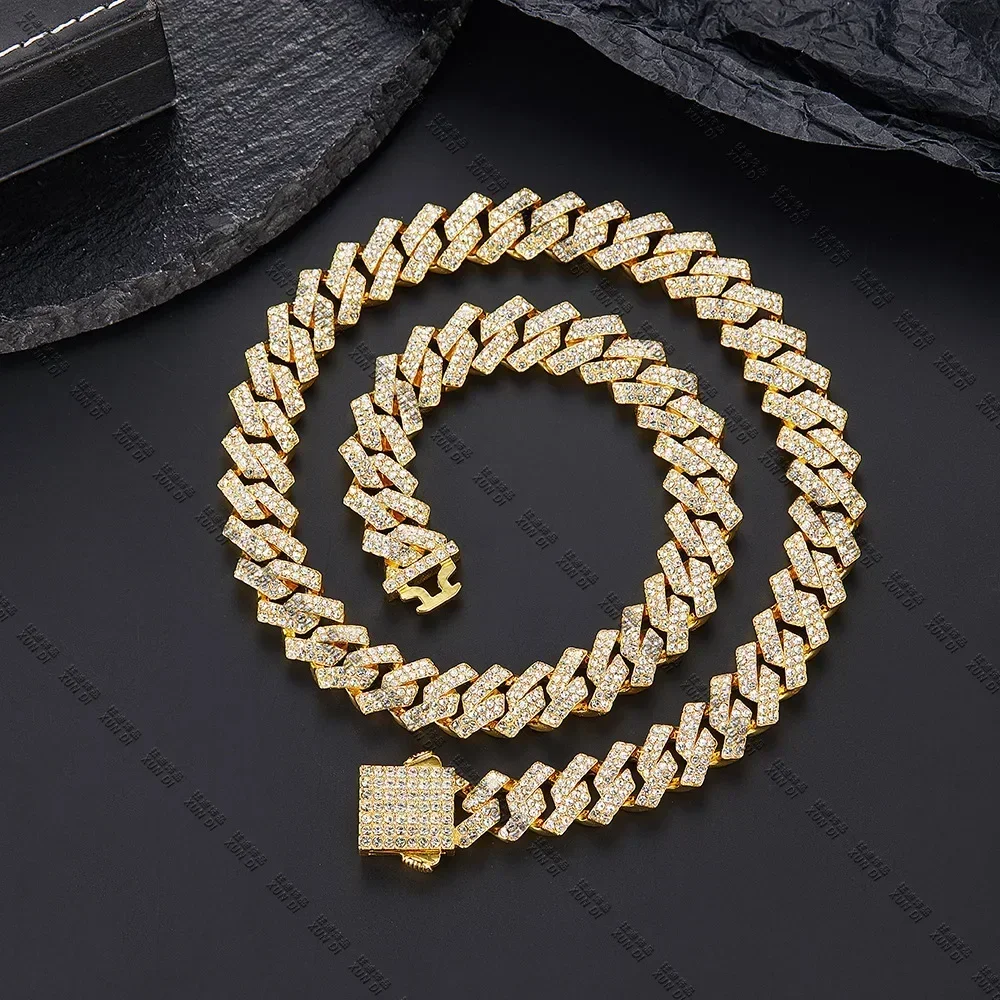 Ice Crystal Rhinestones Strip Spring Buckle Cuban Chain 15mm Hip Hop Men's and Women's Necklace Bracelet Accessory Jewelry