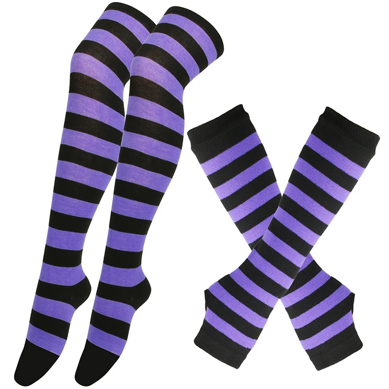 Women Girls Over Knee Long Stripe Socks Arm Sleeve Gloves Sweet Cute Plus Size Overknee Socks Knitted Warm Soks Black White