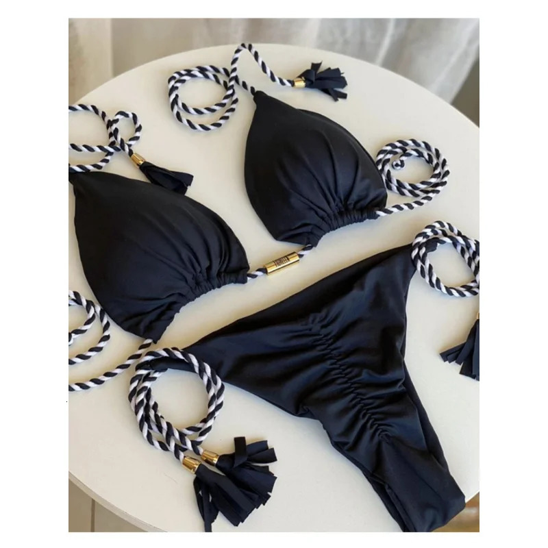Women Sexy Bikini Thong Bandage Swimsuit Push Up Bikinis Set Pink Halter Swimwear Female Summer Beach Wear 2 Pieces Bathing Suit 240327