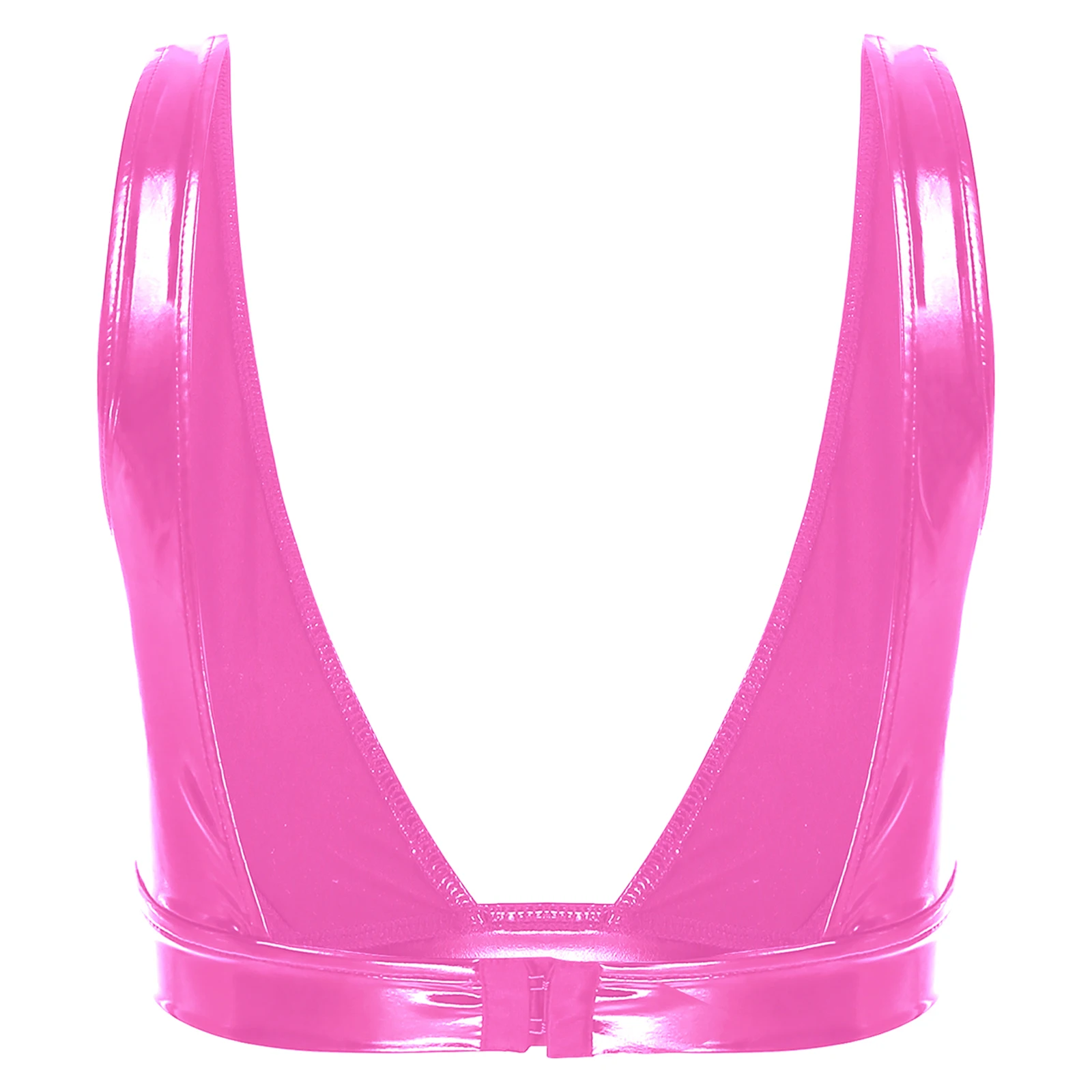 Sexy Womens Push Up Bra Tops Wide Shoulder Strap Lingerie Bra Top Wet Look Patent Leather Low-Cut Crop Tank Top Vest Clubwear