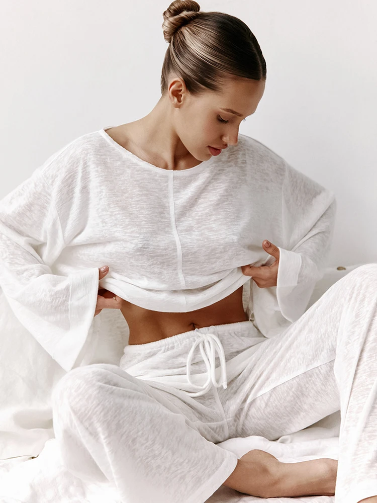 Restve Loose Pamas new 2025 For Women 2 Piece Sets White Long Sleeve O Neck Sleepwear Female Trouser Suits Spring Casual Nightwear