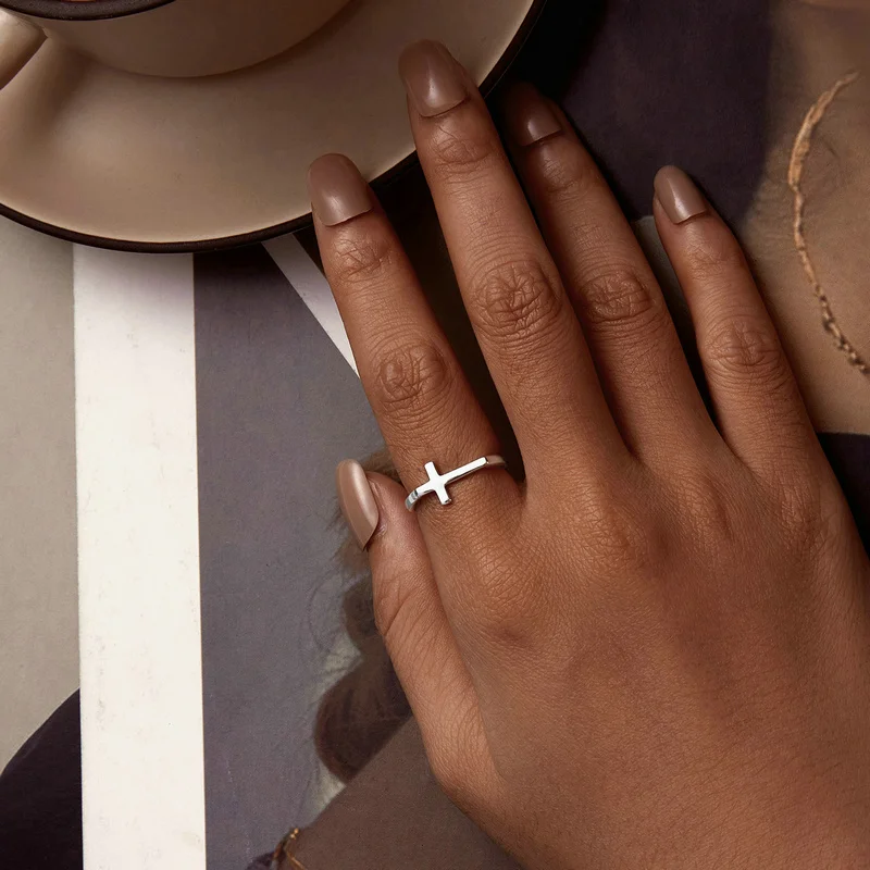 WOSTU Real Sterling Sier Simple Cross Finger Ring for Women Daily Wear Guard Female Jewelry Gift For Daugther Family