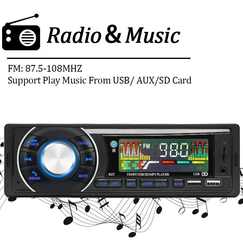 Car Audio Radio 1din Bluetooth Stereo MP3 Player FM Receiver 12V Support Phone Charging AUX/USB/TF Card In Dash Kit