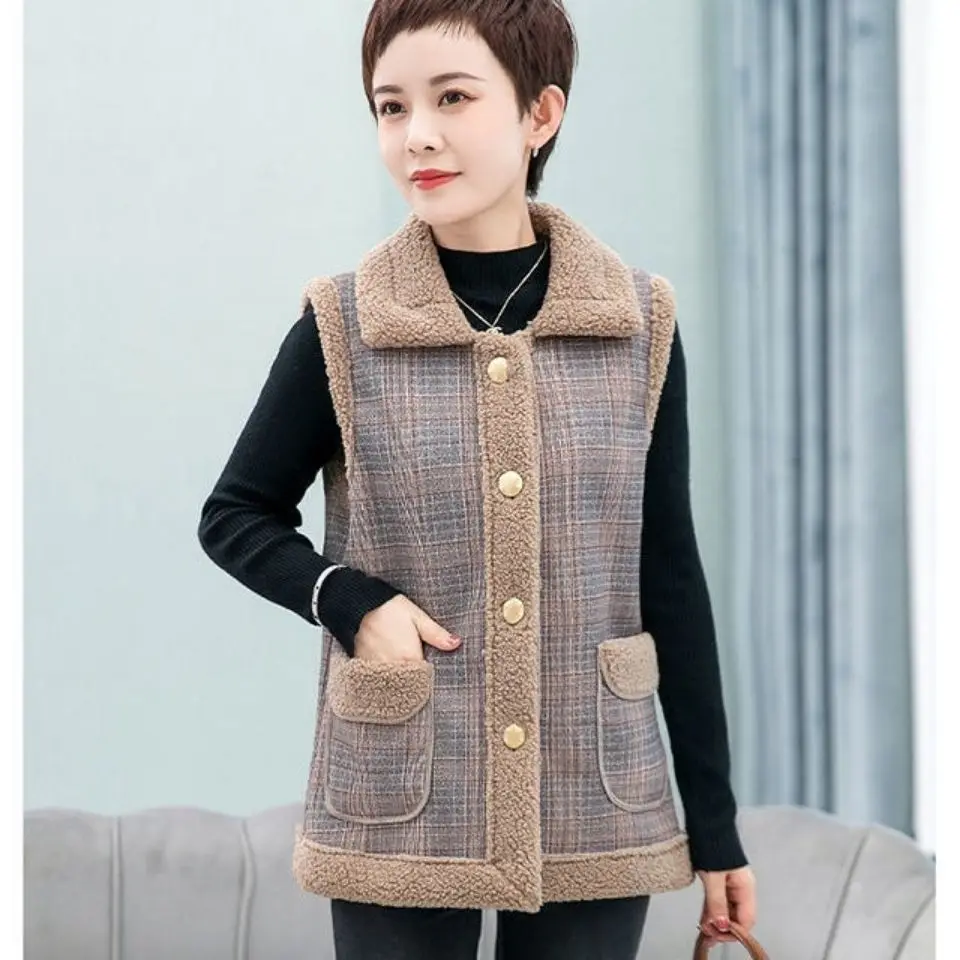 New Large Size Women s Bust Faux Lamb Hair Waistcoat Vest Autumn V neck Single breasted Solid for Mother