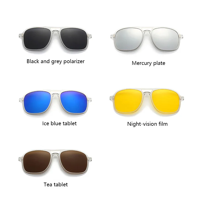 Transparent Frame Men Sunglasses Magnetic Clip 6 In 1 Magnetic Clip Glasses Square Women Polarized Eyeglass