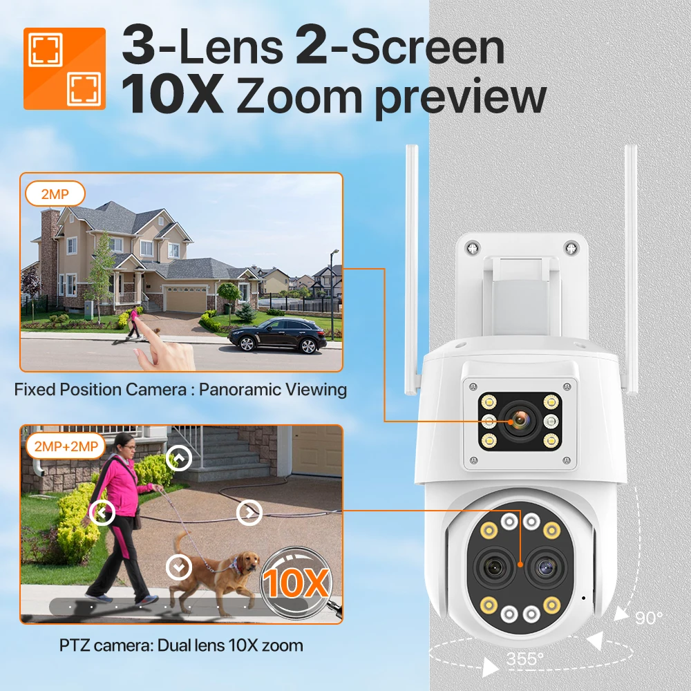 IP Camera With 4G Sim Card 4K 6MP HD Wifi PTZ Camera Outdoor 10X Zoom Dual Lens Video Surveillance Security Camera Camhi Pro