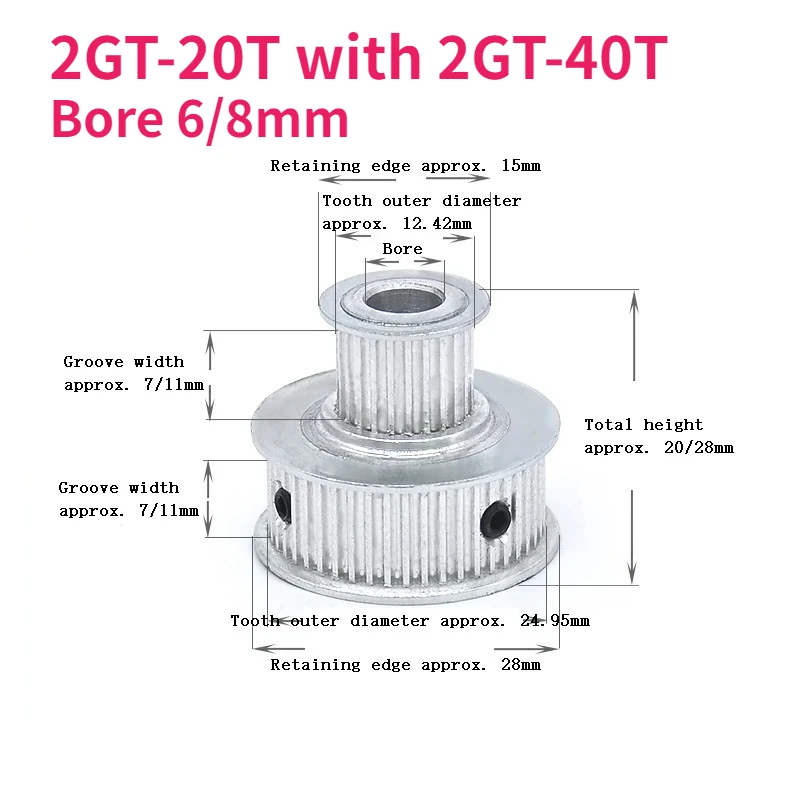 1pcs 2GT Timing Pulley Bore 6/8mm Double Side Gear GT2 20T-40T 1:2 Synchronous Wheels 3D Printer for Belt width 6/10mm