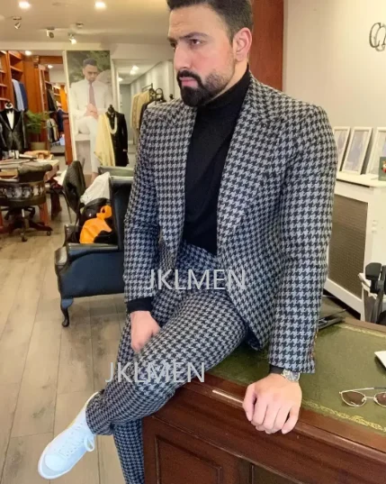 Houndstooth Mens Suits 2PCS Wedding Tuxedos Vintage Fit Formal Groom Wear Tweed 2 Piece Jacket Pants Coustime Homme Luxe