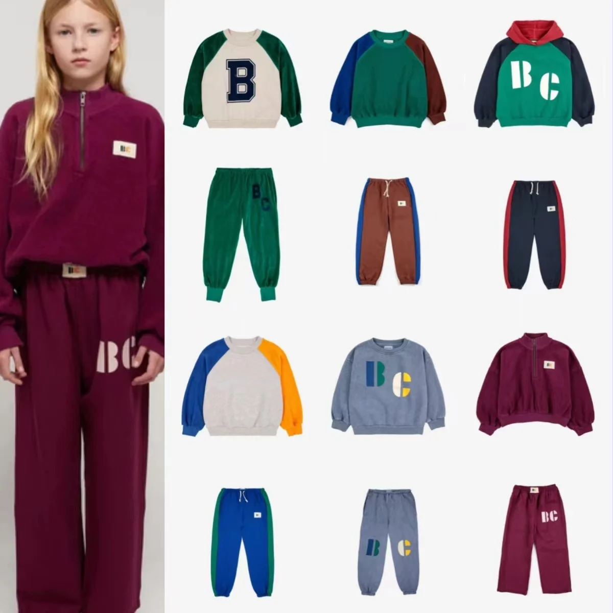 2023 Autumn/Winter BC New Product Ins Style Colorblock Plush Children's Sweater Pants Children's Set