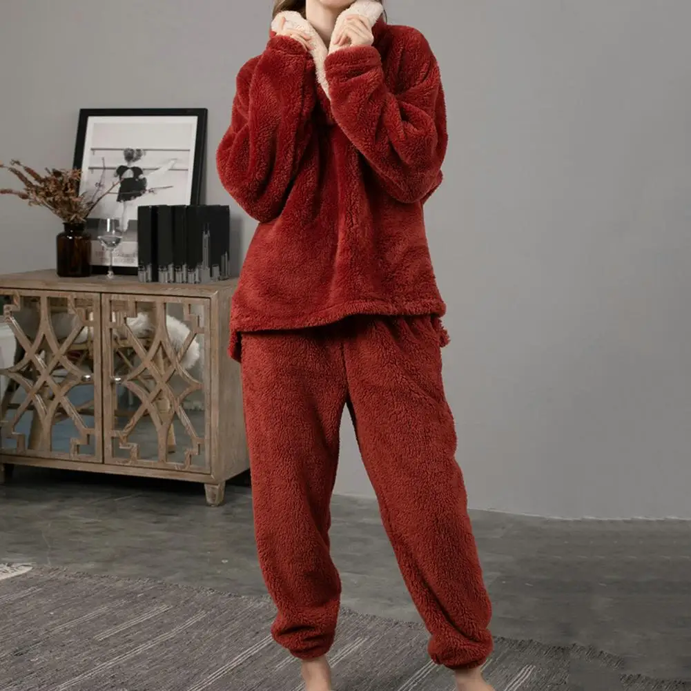 New Pama Sets Women s Solid Long Sleeve Winter Woman Fluffy Pijama Suit with Pants Thick Warm Fleece Home Clothes for Female