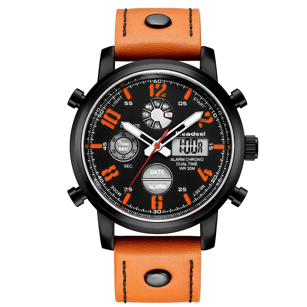 READEEL Sport Watches for Men Dual Display Waterproof Quartz Genuine Leather Wristwatch Digital LED Clock Male Relogio Masculino