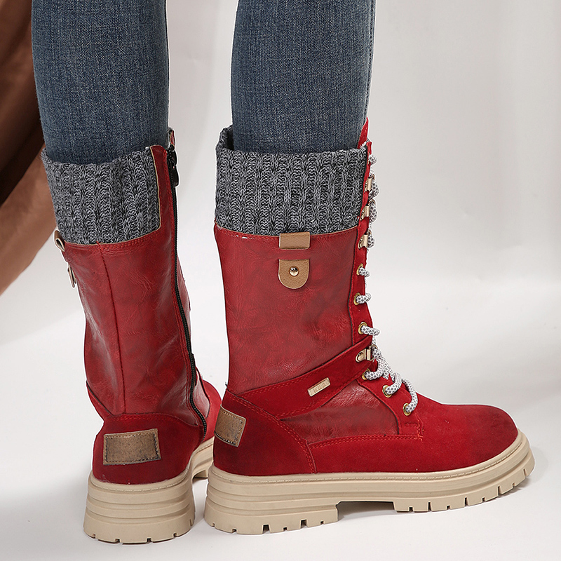 Patchwork Vintage Motorcycle Women Autumn Winter Lace Up Platform Mid Calf Boots New Woman Plus Size Non-Slip Riding Booties 92d3