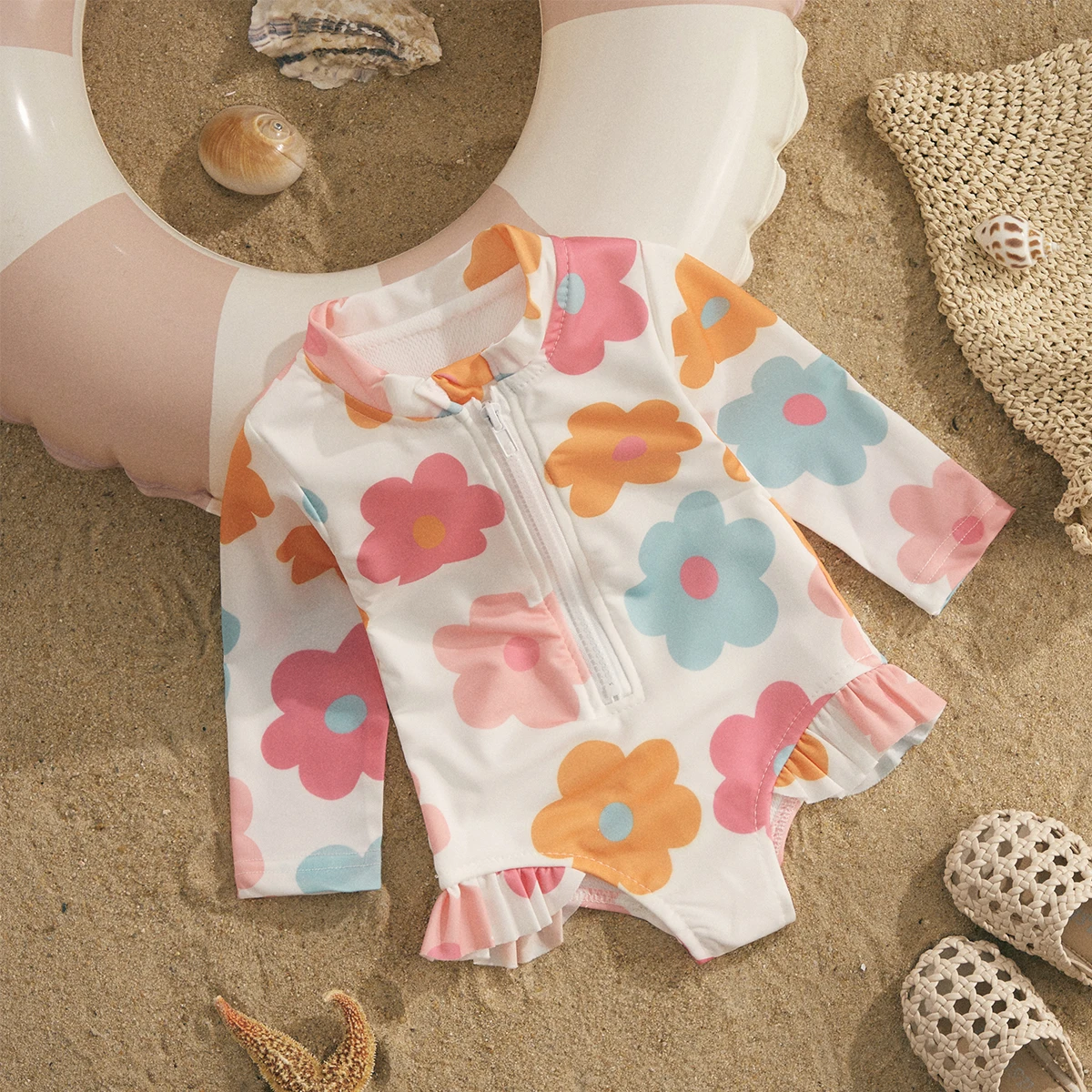 Ma&Baby 1-5Y Toddler Kid Baby Girls Swimsuit Children Floral Print Zipper Swimwear Long Sleeve Beachwear Summer Bathing Suit