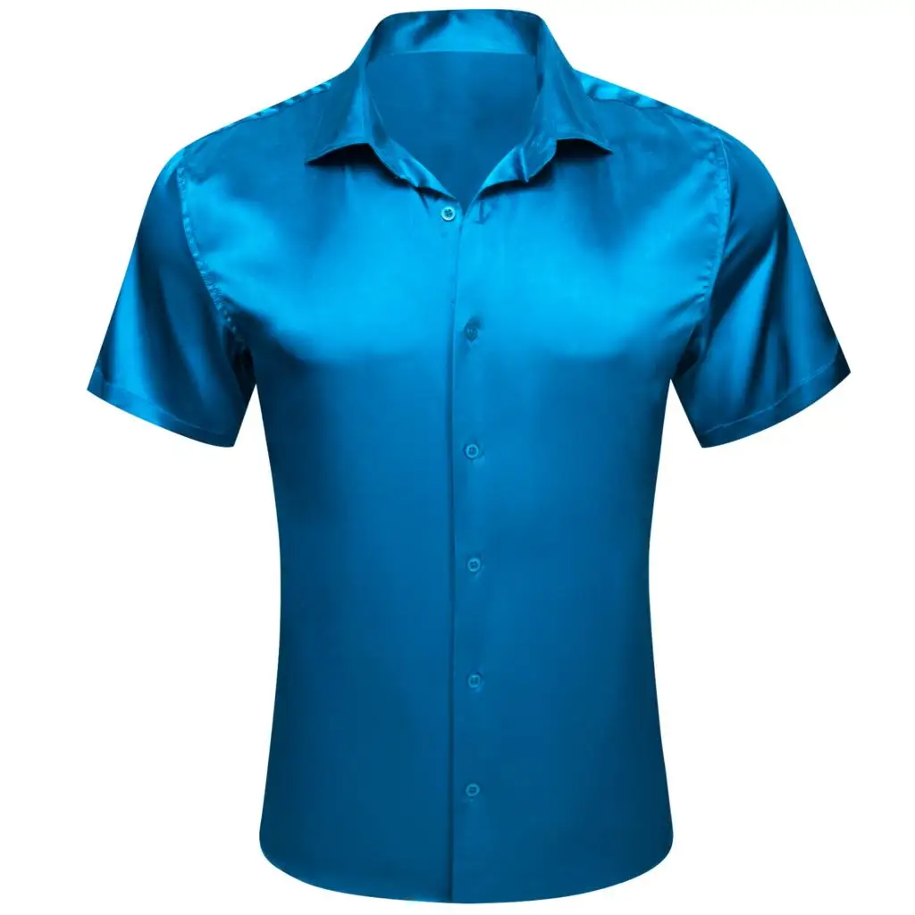 Luxury Men's Shirts Short Sleeve Silk Solid Satin Blue Gold Teal Green Gray Pink Slim Fit Casual Summer Tops Clothes Barry Wang