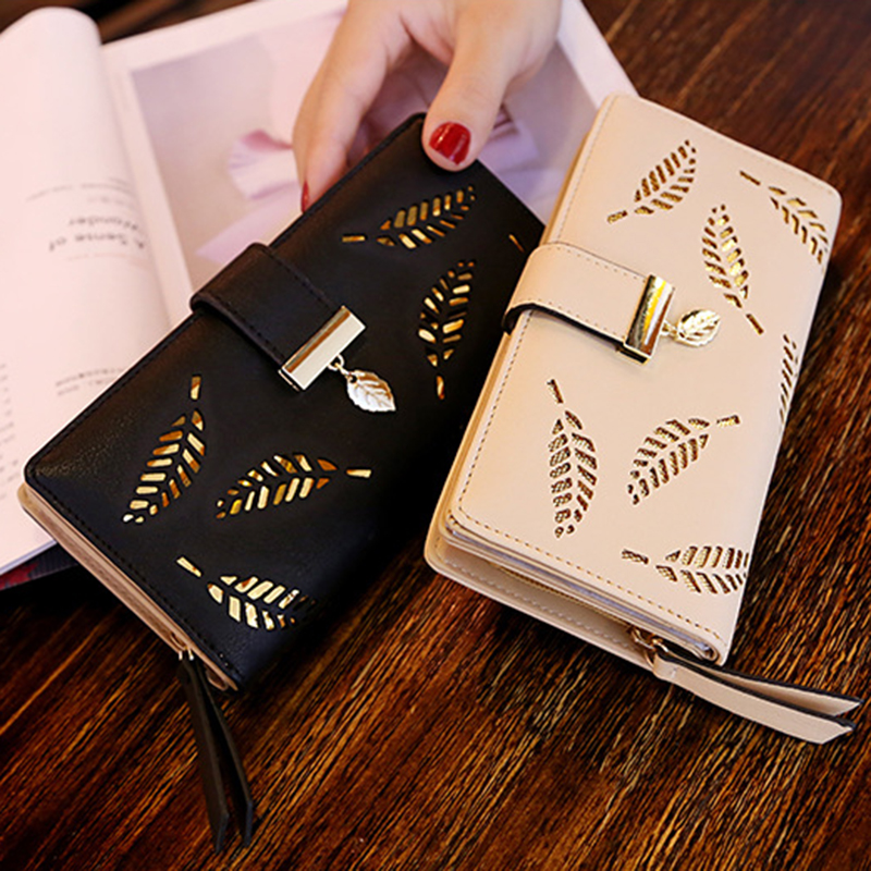 2023 New Korean Women's Wallet Long Fashionable Handbag Hollow Leaf Zipper Buckle Wallets Card Holder Package Bank Name ID Bag
