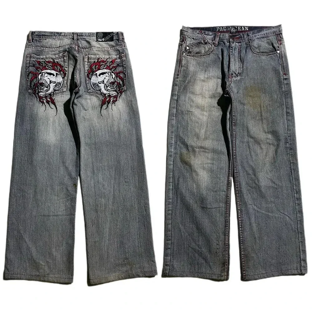 Skull Embroidered Baggy Jeans Y2K Jeans Mens Hip Hop Retro Denim Pants New Gothic High Waist Wide Trousers Streetwear Men New