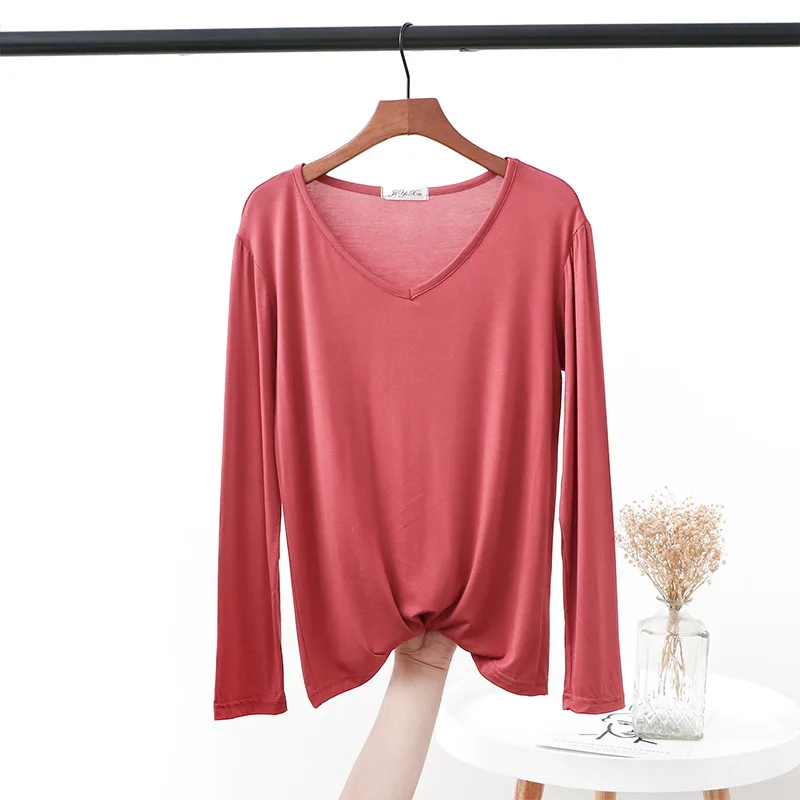 Autumn V Neck Tshirt Long sleeves Soft comfortable T-shirt 2025 Solid color Basic Bottoming Tee new Tops O Neck undershirt