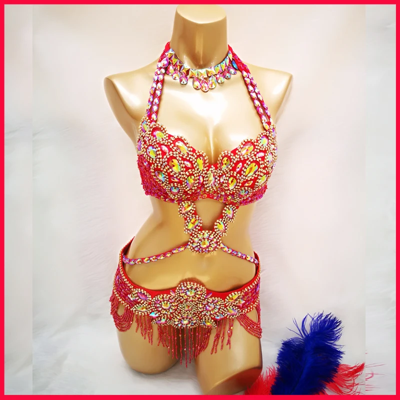 Belly Dance Costume Wear Bra+Belt+Necklace 3pc Set stage show wear Sexy Women Crystal Bellydancing Suit Bellydance Clothes
