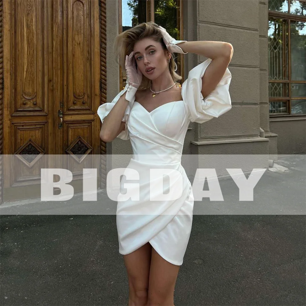 Elegant Short Wedding Dresses 2024 Puff Sleeve Sweetheart Open Back Satin Pleat Sheath Bridal new Gown 2025 Above Knee Vestidos De Noiva