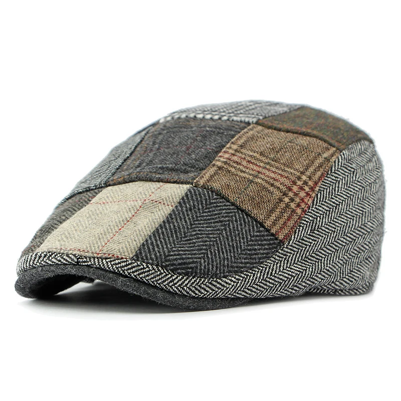 Retro Men's Berets Hat Autumn Patchwork Plaid Peaked Hat Gatsby Newsboy Cap Women Wool Flat Cabbie Ivy Cap Twill Herringbone Hat