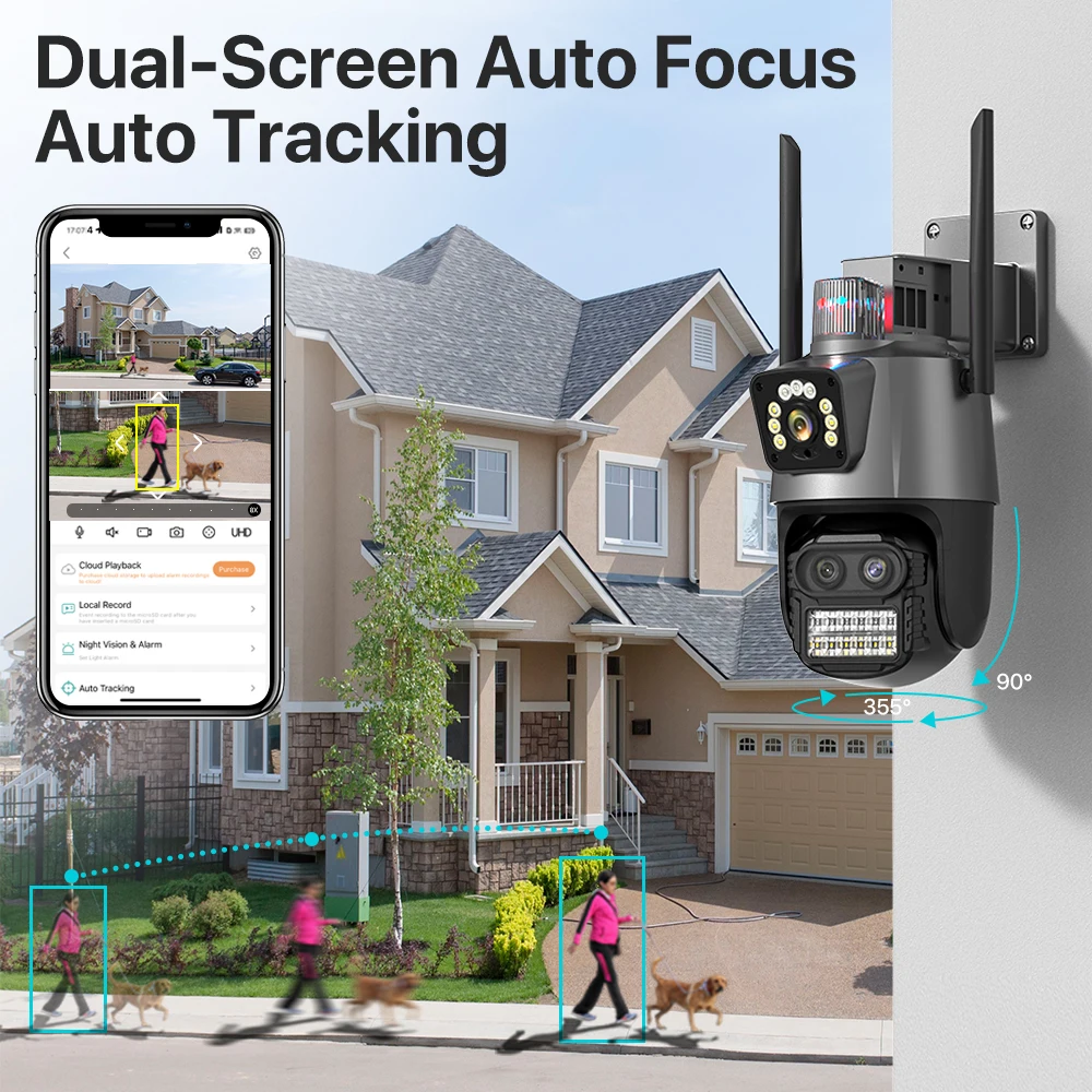 Outdoor PTZ Camera 9MP 4K HD 8X Hybrid Zoom Three Lens Dual Screen Wifi IP Camera 4MP Police Light Alarm CCTV Surveillance iCSee