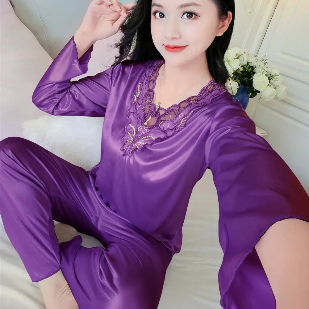 Women Top Pants Set Silky Satin Lace Embroidery new Pamas Set V Neck Top Elastic Waist Pants Soft Sleepwear for Women 2025 2 Pcs/set
