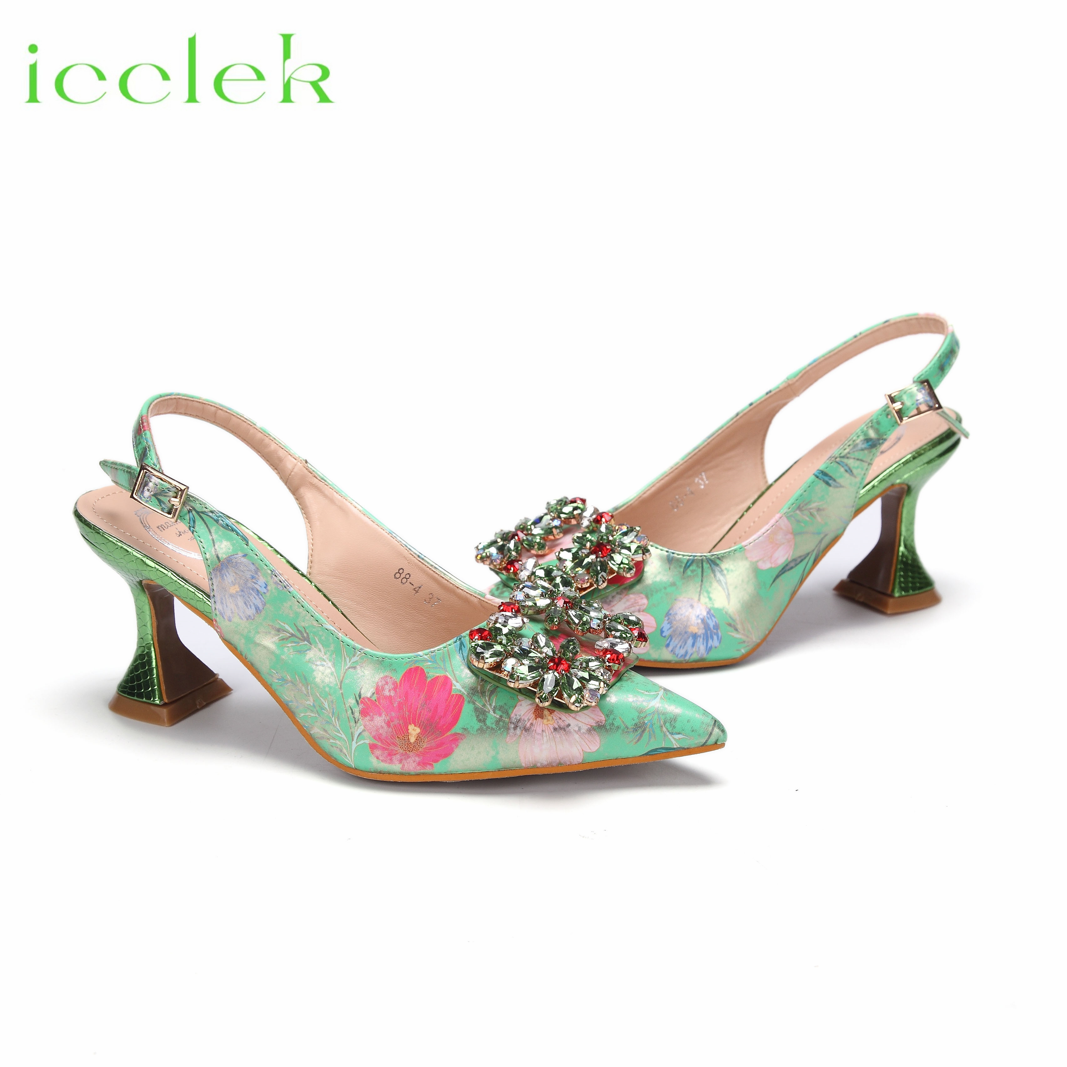 New Green Color Mature Design Pointed Toe Ladies Sandal Printing wer Material Shoes and Bag Set For Women Wedding Party