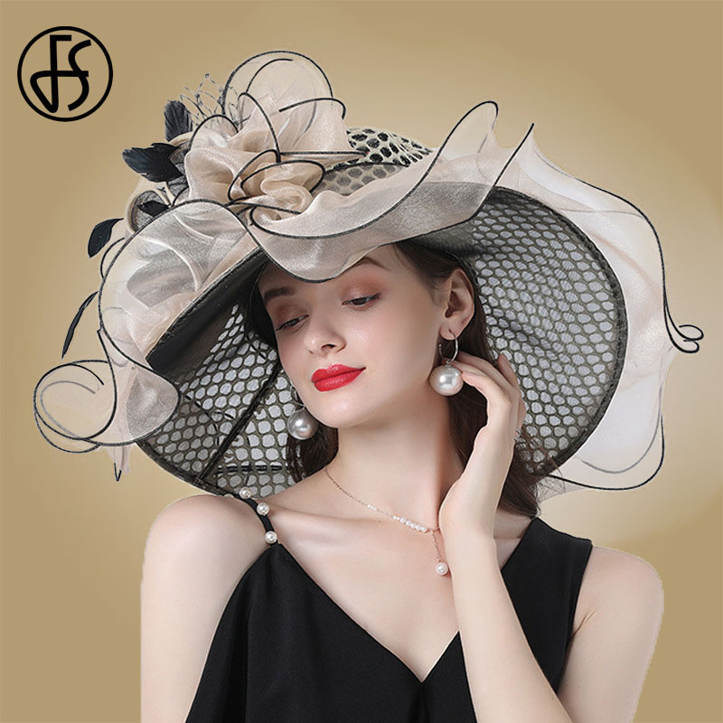FS Women Organza Red Hats Wedding Fascinators Elegant Big Wide Brim Fedora Kentucky Derby Hats Party Formal Church Ladies Hat