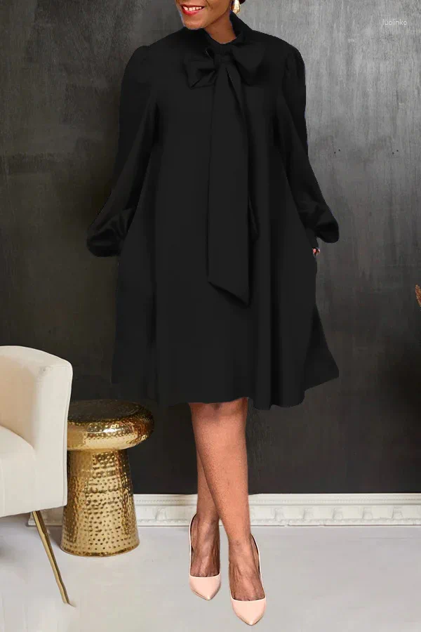 Casual Dresses Spring Summer Satin Lantern Sleeve Dress Women Fashion Solid Color Bow Neck Loose Fit Party Wedding Work Midi