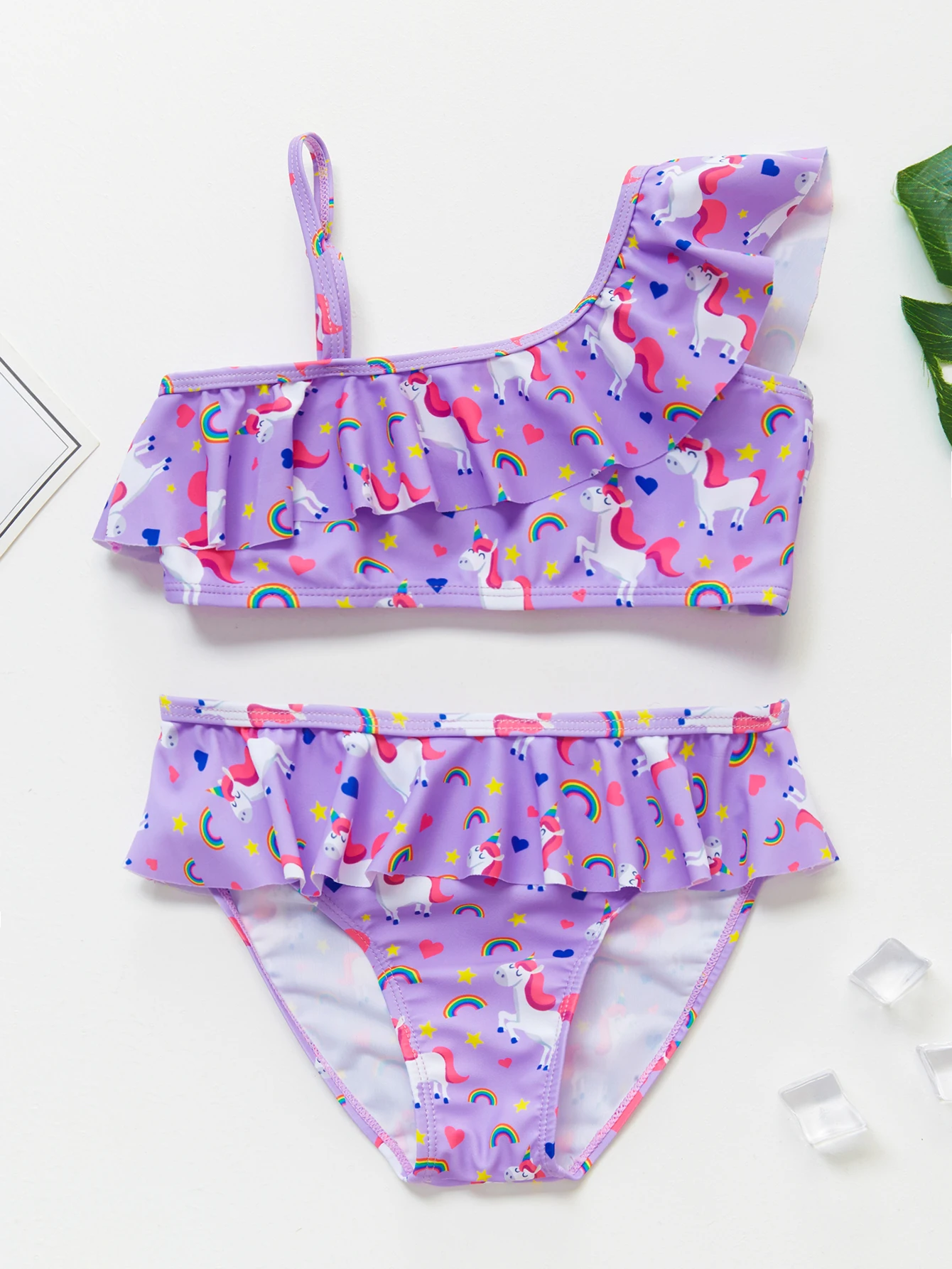 Girl's Bikini Swimsuit One-Shoulder Design Lovely Flamingo Unicorn Summer Bathing Suits
