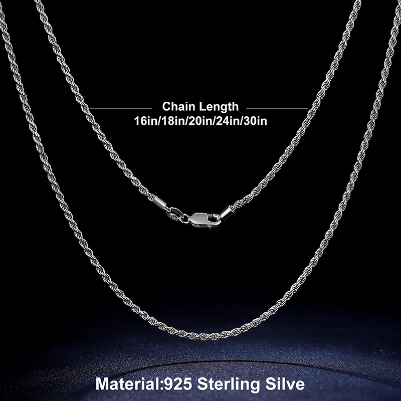 2.5mm S925 Rope Chain Necklace Sterling Silver Never Fade Waterproof Choker Men Women Jewelry Silver Color Chains Gift